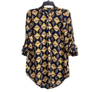 About A Girl Blue Yellow Patterned Sheer Shirt Small